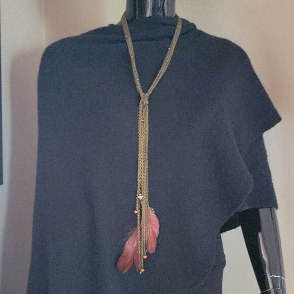 Lariat Necklace Bronze Tone Chain With Beads And Feathers NWOT Fashion Jewery - Picture 1 of 6